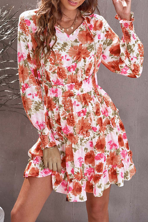 V Neck Long Sleeve Tie Waist Mini Dress